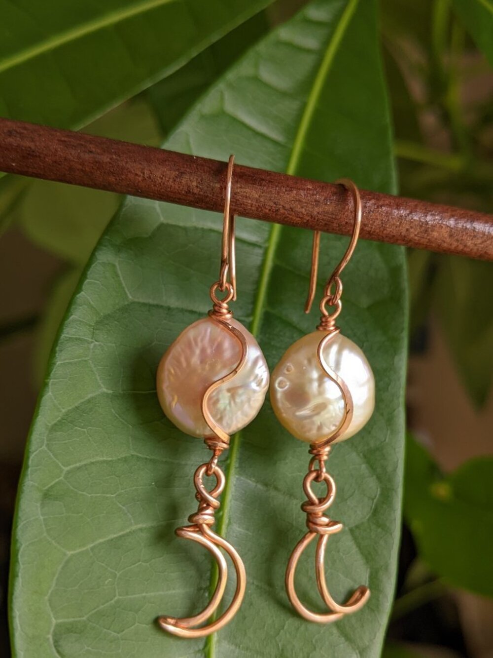 Copper Crescent Moon Pearl Earrings